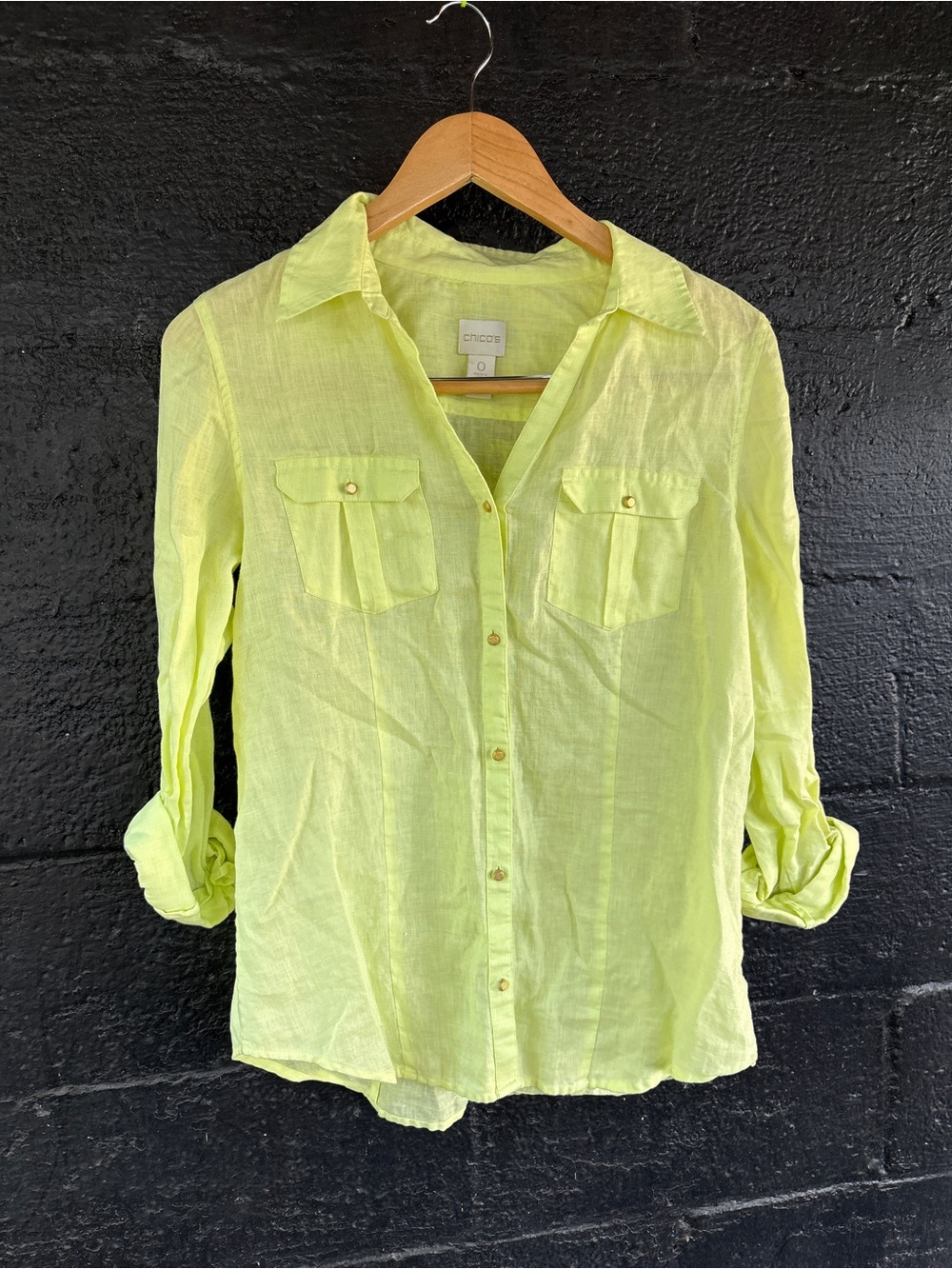 Chico's Neon Lime Button-Down Linen Shirt Gold Buttons